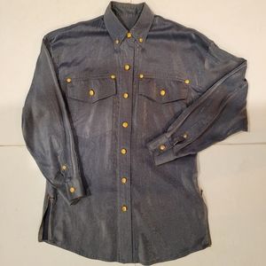 Denim look glimmer gold tone hardware shirt blouse